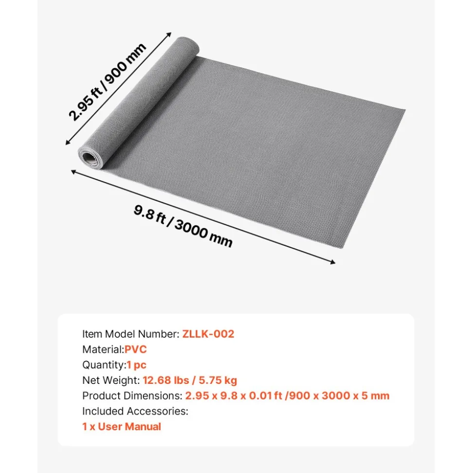 VEVOR Drainage Mat, 3 x 10 ft, PVC Non Slip Commercial Floor Mat, Wet Area Water Drain Splash Matting Hollow Doormat Roll, for Outdoor Indoor Restaurant Swimming Pool Patio Bathroom Washroom, Gray