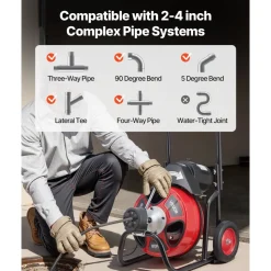 VEVOR Drain Cleaner Machine 100 FT x 3/8 Inch, Auto Feed Sewer Snake Auger on Wheels, Portable Drain Cleaning Machine with 4 Cutters & Air-activated Foot Switch for 2" to 4" Pipes