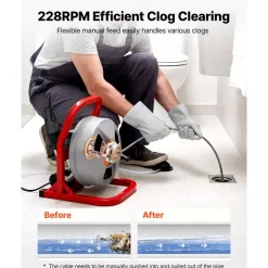 VEVOR Drain Cleaner Machine 50 FT x 5/16 Inch, Sewer Snake Auger with 228RPM Electric Drill, Manual Feed Drain Cleaning Machine with 6 Cutters & Air-activated Foot Switch for 2" to 4" Pipes