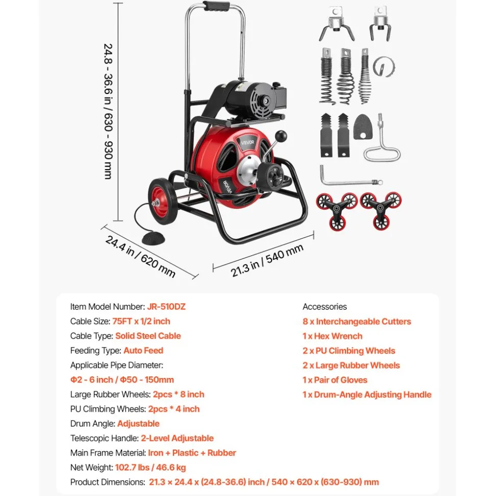 VEVOR Drain Cleaner Machine 75 FT x 1/2 Inch, Auto Feed Sewer Snake Auger, Portable Drain Cleaning Machine with Climbing Wheels, Adjustable Drum, 8 Cutters & Foot Switch for 2" to 6" Pipes