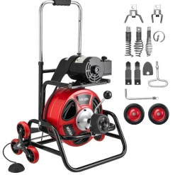 VEVOR Drain Cleaner Machine 75 FT x 1/2 Inch, Auto Feed Sewer Snake Auger, Portable Drain Cleaning Machine with Climbing Wheels, Adjustable Drum, 8 Cutters & Foot Switch for 2