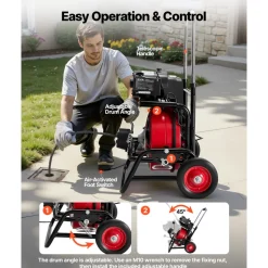 VEVOR Drain Cleaner Machine 75 FT x 1/2 Inch, Auto Feed Sewer Snake Auger, Portable Drain Cleaning Machine with Climbing Wheels, Adjustable Drum, 8 Cutters & Foot Switch for 2