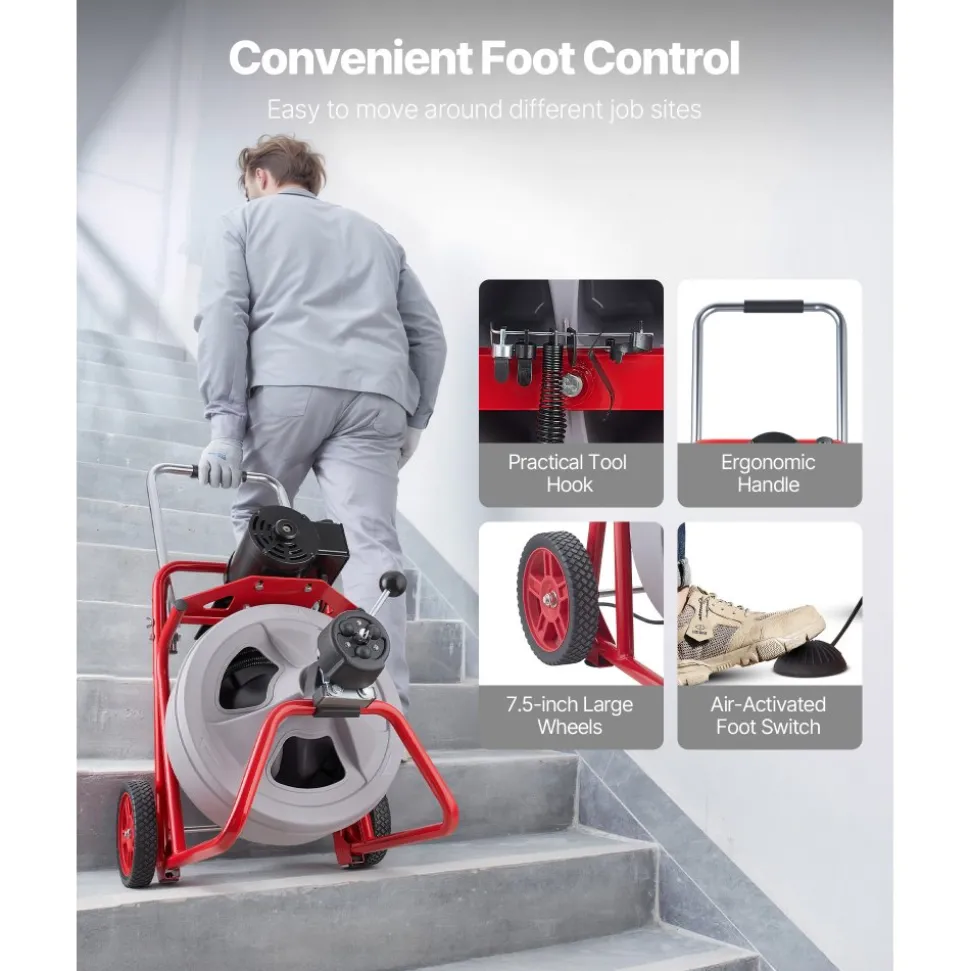 VEVOR Drain Cleaner Machine 100 FT x 1/2 Inch, Auto Feed Sewer Snake Drain Auger on Wheels, Portable Drain Cleaning Machine with 8 Cutters & Air-Activated Foot Switch for 2" to 6" Pipes