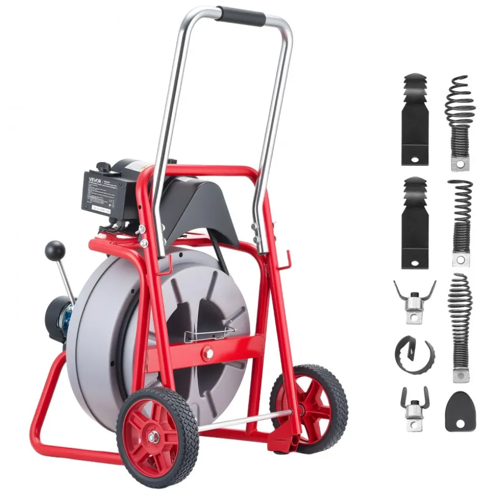 VEVOR Drain Cleaner Machine 100 FT x 1/2 Inch, Auto Feed Sewer Snake Drain Auger on Wheels, Portable Drain Cleaning Machine with 8 Cutters & Air-Activated Foot Switch for 2" to 6" Pipes