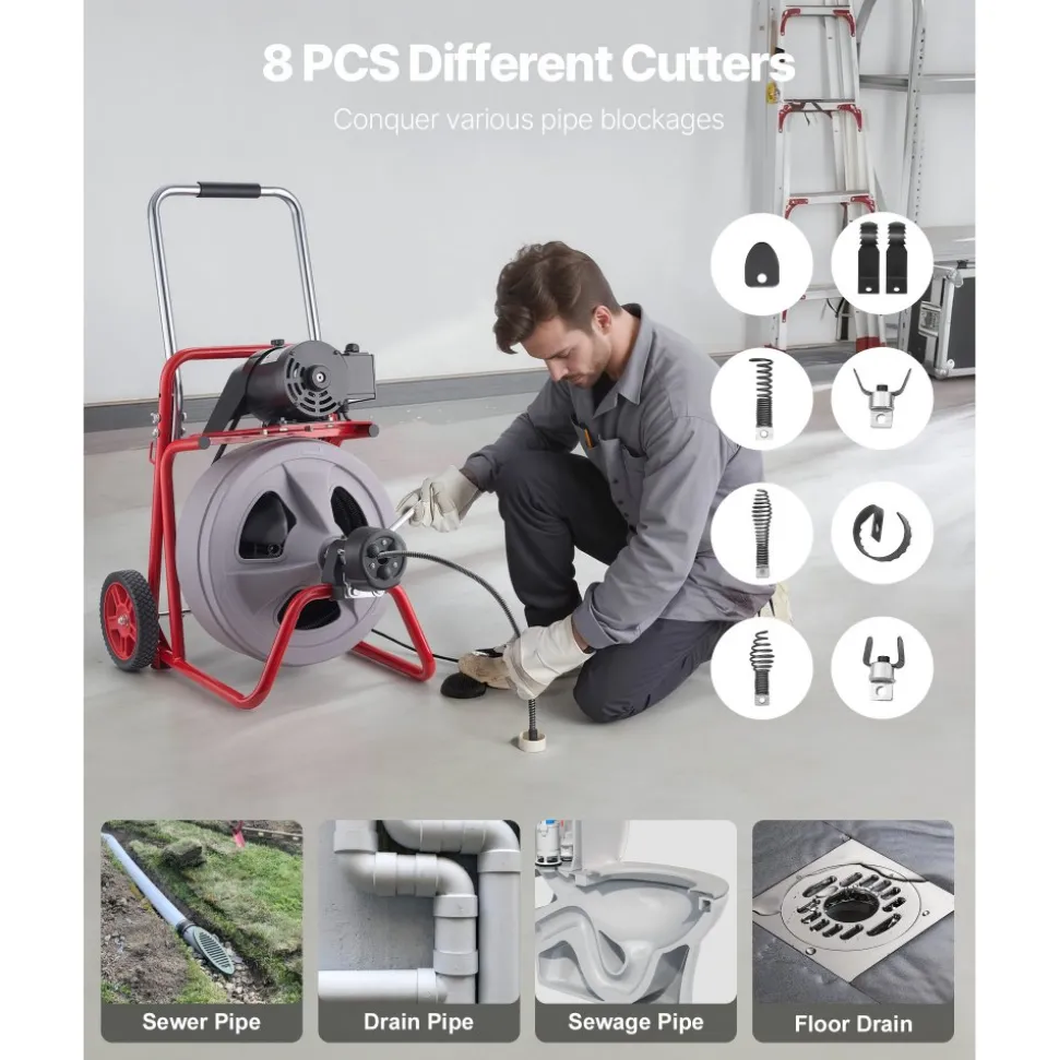 VEVOR Drain Cleaner Machine 100 FT x 1/2 Inch, Auto Feed Sewer Snake Drain Auger on Wheels, Portable Drain Cleaning Machine with 8 Cutters & Air-Activated Foot Switch for 2" to 6" Pipes