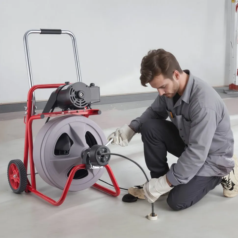 VEVOR Drain Cleaner Machine 100 FT x 1/2 Inch, Auto Feed Sewer Snake Drain Auger on Wheels, Portable Drain Cleaning Machine with 8 Cutters & Air-Activated Foot Switch for 2" to 6" Pipes