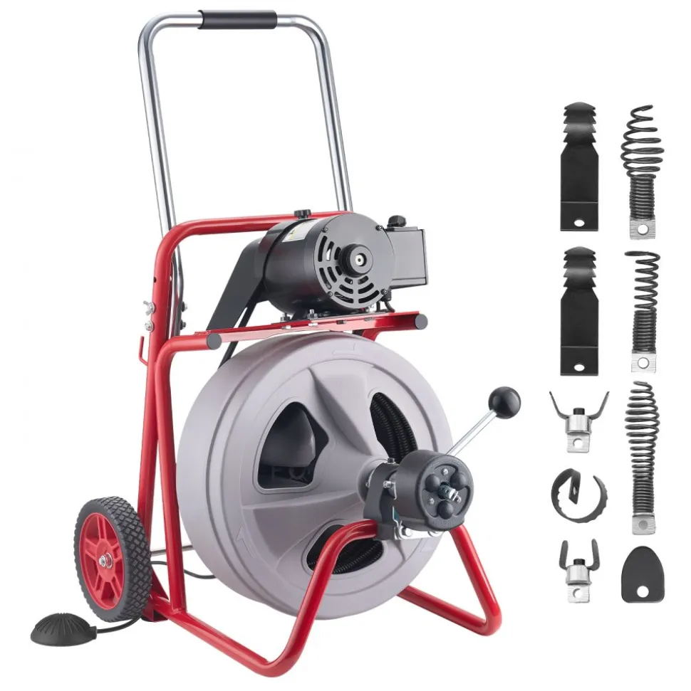 VEVOR Drain Cleaner Machine 100 FT x 1/2 Inch, Auto Feed Sewer Snake Drain Auger on Wheels, Portable Drain Cleaning Machine with 8 Cutters & Air-Activated Foot Switch for 2" to 6" Pipes