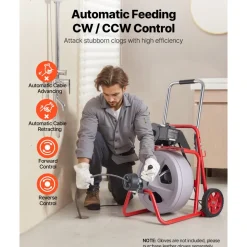 VEVOR Drain Cleaner Machine 100 FT x 1/2 Inch, Auto Feed Sewer Snake Drain Auger on Wheels, Portable Drain Cleaning Machine with 8 Cutters & Air-Activated Foot Switch for 2
