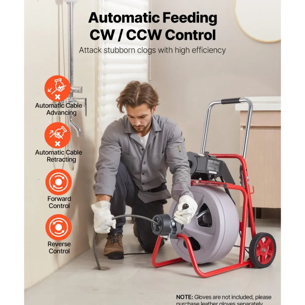 VEVOR Drain Cleaner Machine 100 FT x 1/2 Inch, Auto Feed Sewer Snake Drain Auger on Wheels, Portable Drain Cleaning Machine with 8 Cutters & Air-Activated Foot Switch for 2" to 6" Pipes