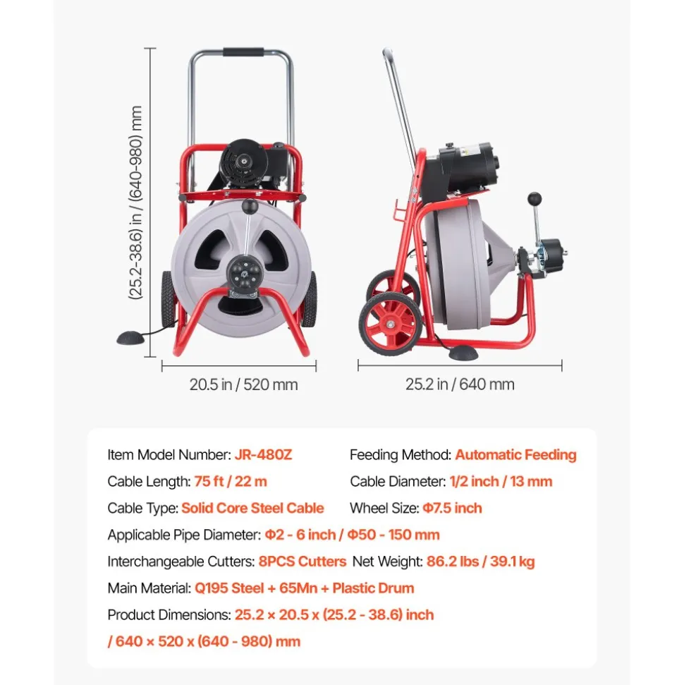 VEVOR Drain Cleaner Machine 100 FT x 1/2 Inch, Auto Feed Sewer Snake Drain Auger on Wheels, Portable Drain Cleaning Machine with 8 Cutters & Air-Activated Foot Switch for 2" to 6" Pipes