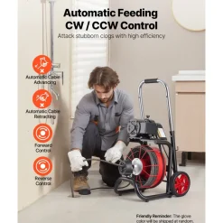 VEVOR Drain Cleaner Machine 100 FT x 1/2 Inch, Auto Feed Sewer Snake Auger on Wheels - with 8 Cutters & Air-Activated Foot Switch for 2" to 6" Pipes