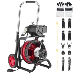 VEVOR Drain Cleaner Machine 100 FT x 3/8 Inch, Auto Feed Sewer Snake Drain Auger on Wheels, Portable Drain Cleaning Machine with 8 Cutters & Air-Activated Foot Switch for 2