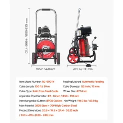 VEVOR Drain Cleaner Machine 100 FT x 3/8 Inch, Auto Feed Sewer Snake Drain Auger on Wheels, Portable Drain Cleaning Machine with 8 Cutters & Air-Activated Foot Switch for 2