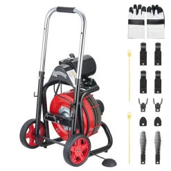 VEVOR Drain Cleaner Machine 100 FT x 3/8 Inch, Auto Feed Sewer Snake Drain Auger on Wheels, Portable Drain Cleaning Machine with 8 Cutters & Air-Activated Foot Switch for 2