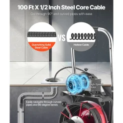 VEVOR Drain Cleaner Machine 100 FT x 3/8 Inch, Auto Feed Sewer Snake Drain Auger on Wheels, Portable Drain Cleaning Machine with 8 Cutters & Air-Activated Foot Switch for 2
