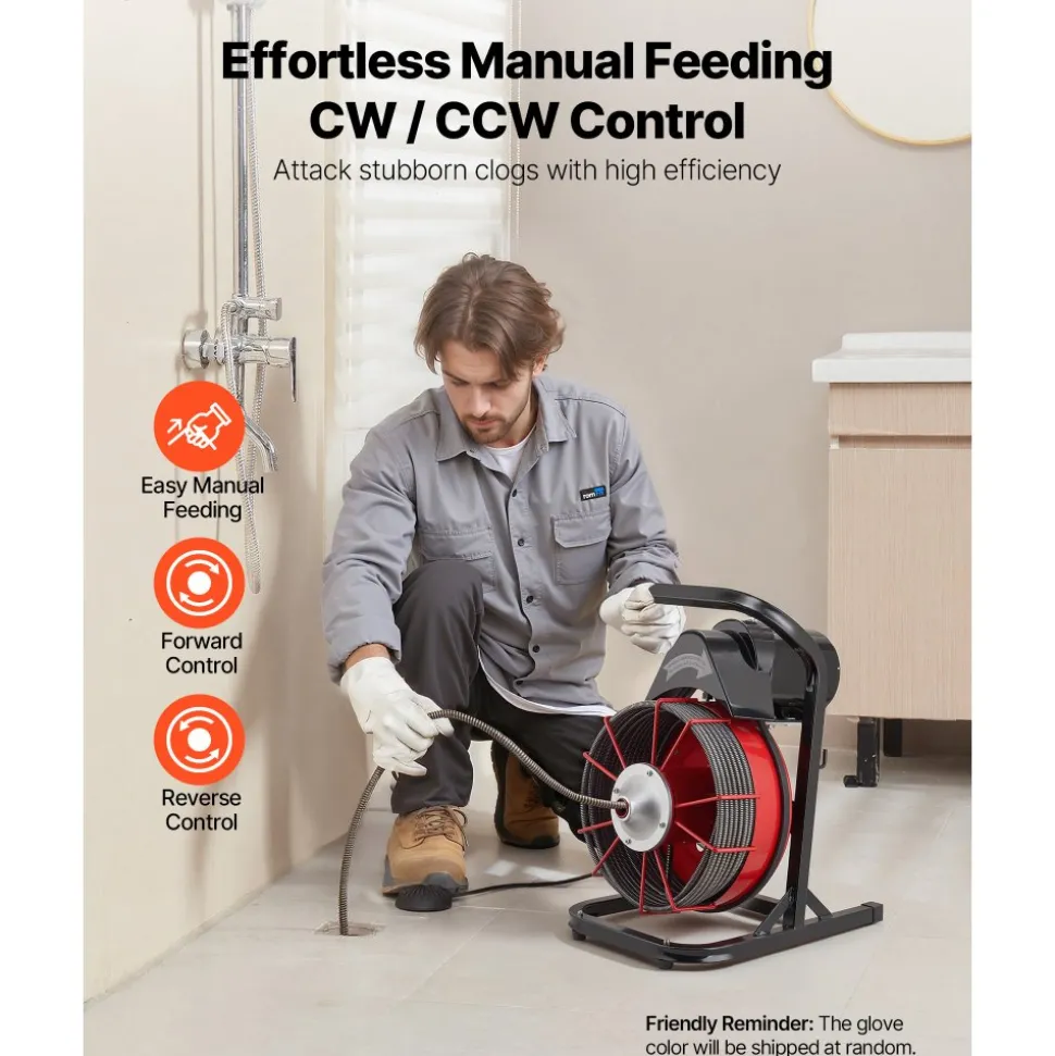 VEVOR Drain Cleaner Machine 75 FT x 1/2 Inch, Sewer Snake Auger Manual Feed with 4 Cutters & Air-activated Foot Switch for 2" to 6" Pipes