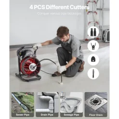 VEVOR Drain Cleaner Machine 75 FT x 1/2 Inch, Sewer Snake Auger Manual Feed with 4 Cutters & Air-activated Foot Switch for 2