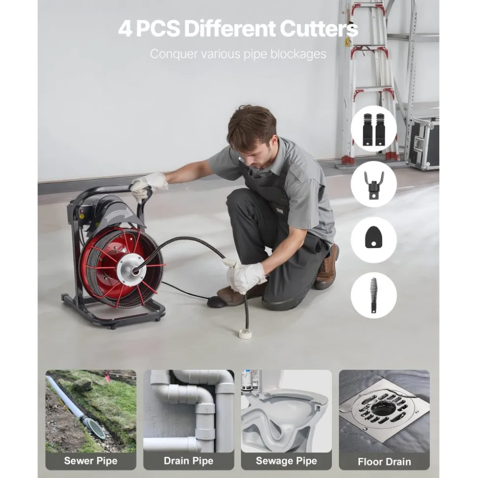 VEVOR Drain Cleaner Machine 75 FT x 1/2 Inch, Sewer Snake Auger Manual Feed with 4 Cutters & Air-activated Foot Switch for 2" to 6" Pipes