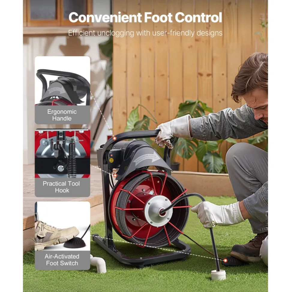 VEVOR Drain Cleaner Machine 75 FT x 1/2 Inch, Sewer Snake Auger Manual Feed with 4 Cutters & Air-activated Foot Switch for 2" to 6" Pipes