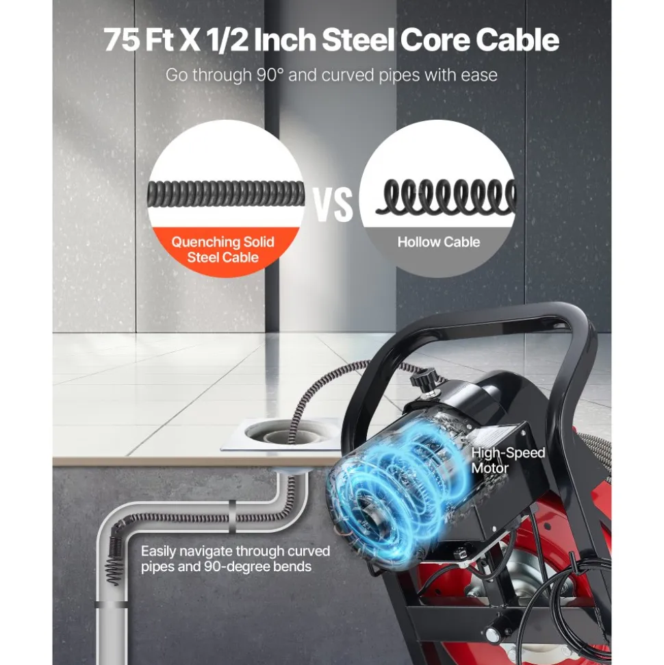 VEVOR Drain Cleaner Machine 75 FT x 1/2 Inch, Sewer Snake Auger Manual Feed with 4 Cutters & Air-activated Foot Switch for 2" to 6" Pipes