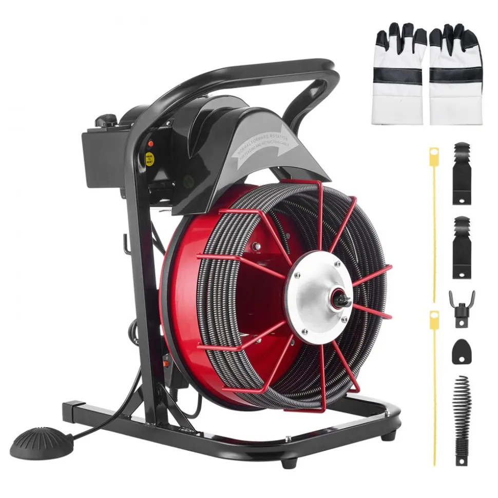 VEVOR Drain Cleaner Machine 75 FT x 1/2 Inch, Sewer Snake Auger Manual Feed with 4 Cutters & Air-activated Foot Switch for 2" to 6" Pipes
