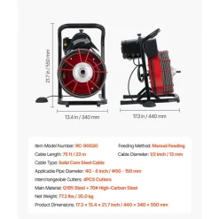 VEVOR Drain Cleaner Machine 75 FT x 1/2 Inch, Sewer Snake Auger Manual Feed with 4 Cutters & Air-activated Foot Switch for 2