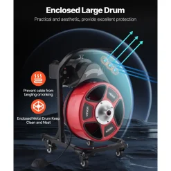 VEVOR Drain Cleaner Machine 50 FT x 1/2 Inch, Manual Feed Sewer Snake Auger on Wheels - with 4 Cutters & Air-activated Foot Switch for 2" to 6" Pipes