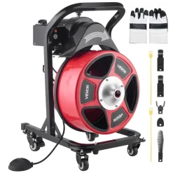 VEVOR Drain Cleaner Machine 50 FT x 1/2 Inch, Manual Feed Sewer Snake Auger on Wheels - with 4 Cutters & Air-activated Foot Switch for 2
