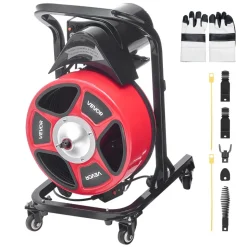 VEVOR Drain Cleaner Machine 50 FT x 1/2 Inch, Manual Feed Sewer Snake Auger on Wheels - with 4 Cutters & Air-activated Foot Switch for 2