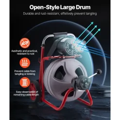 VEVOR Drain Cleaner Machine 50 FT x 1/2 Inch, Sewer Snake Auger Manual Feed with 4 Cutters & Air-activated Foot Switch for 2" to 6" Pipes