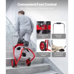 VEVOR Drain Cleaner Machine 50 FT x 1/2 Inch, Sewer Snake Auger Manual Feed with 4 Cutters & Air-activated Foot Switch for 2" to 6" Pipes