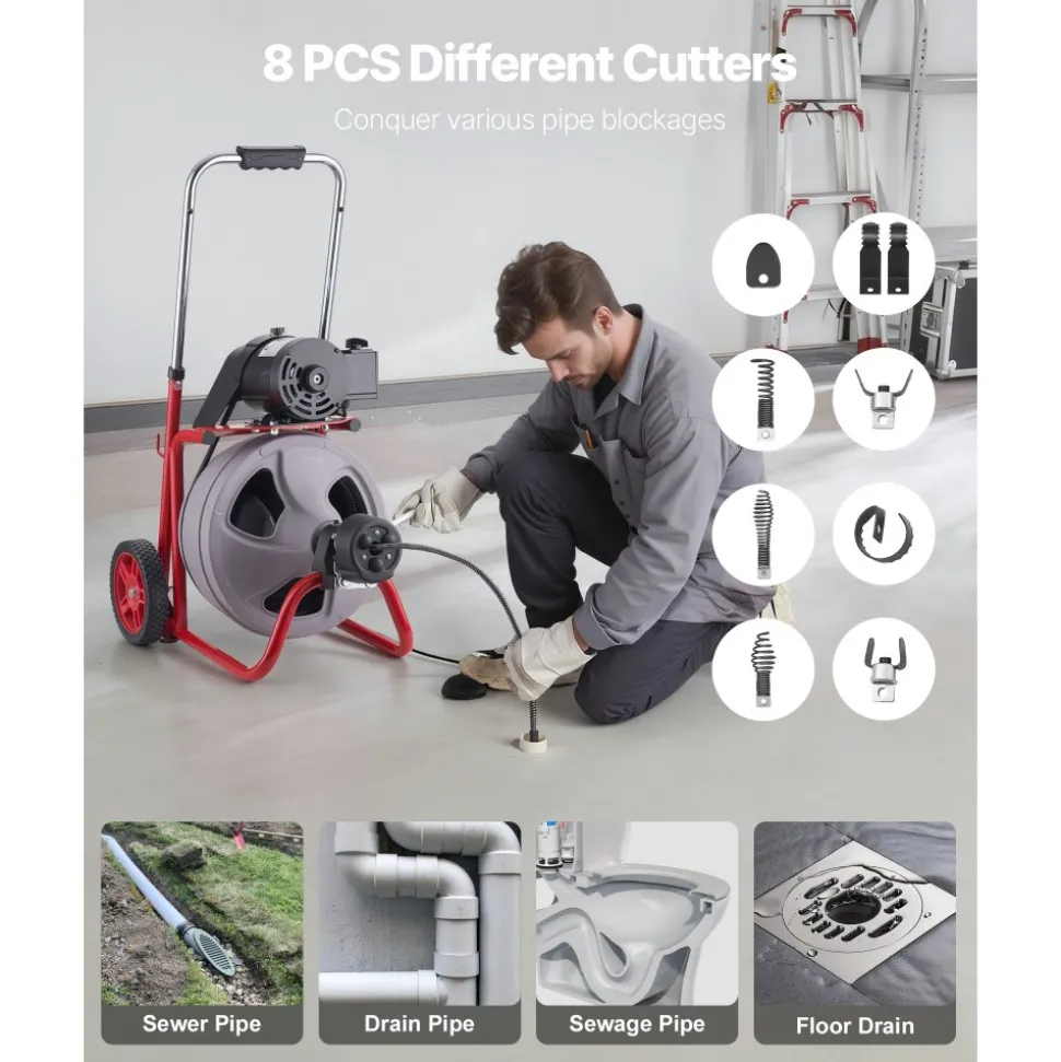 VEVOR Drain Cleaner Machine 75 FT x 3/8 Inch, Auto Feed Sewer Snake Drain Auger on Wheels, Portable Drain Cleaning Machine with 8 Cutters & Air-Activated Foot Switch for 2" to 4" Pipes