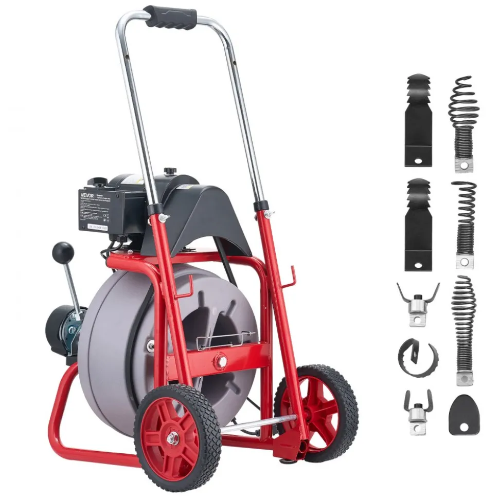 VEVOR Drain Cleaner Machine 75 FT x 3/8 Inch, Auto Feed Sewer Snake Drain Auger on Wheels, Portable Drain Cleaning Machine with 8 Cutters & Air-Activated Foot Switch for 2" to 4" Pipes