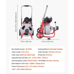 VEVOR Drain Cleaner Machine 75 FT x 3/8 Inch, Auto Feed Sewer Snake Drain Auger on Wheels, Portable Drain Cleaning Machine with 8 Cutters & Air-Activated Foot Switch for 2