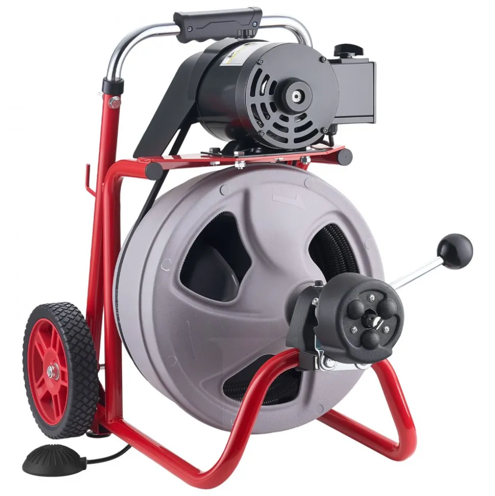 VEVOR Drain Cleaner Machine 75 FT x 3/8 Inch, Auto Feed Sewer Snake Drain Auger on Wheels, Portable Drain Cleaning Machine with 8 Cutters & Air-Activated Foot Switch for 2" to 4" Pipes