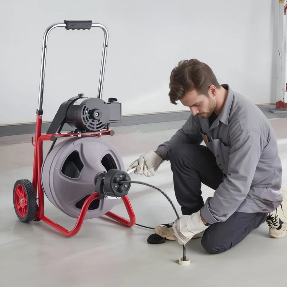 VEVOR Drain Cleaner Machine 75 FT x 3/8 Inch, Auto Feed Sewer Snake Drain Auger on Wheels, Portable Drain Cleaning Machine with 8 Cutters & Air-Activated Foot Switch for 2" to 4" Pipes