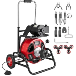VEVOR Drain Cleaner Machine 100 FT x 1/2 Inch, Auto Feed Sewer Snake Auger, Portable Drain Cleaning Machine with Climbing Wheels, Adjustable Drum, 8 Cutters & Foot Switch for 2" to 6" Pipes