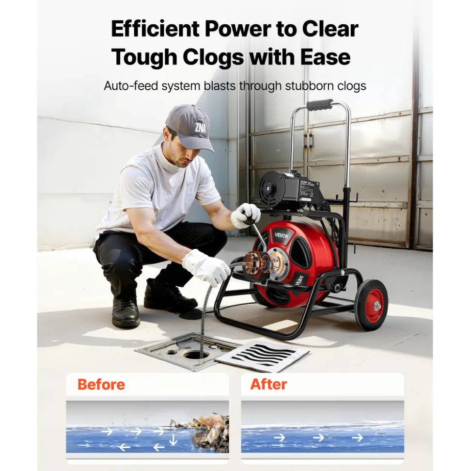 VEVOR Drain Cleaner Machine 50 FT x 5/16 Inch, Auto Feed Sewer Snake Auger with 4 Cutters & Air-Activated Foot Switch for 2" to 4" Pipes