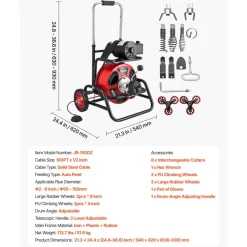 VEVOR Drain Cleaner Machine 50 FT x 5/16 Inch, Auto Feed Sewer Snake Auger with 4 Cutters & Air-Activated Foot Switch for 2