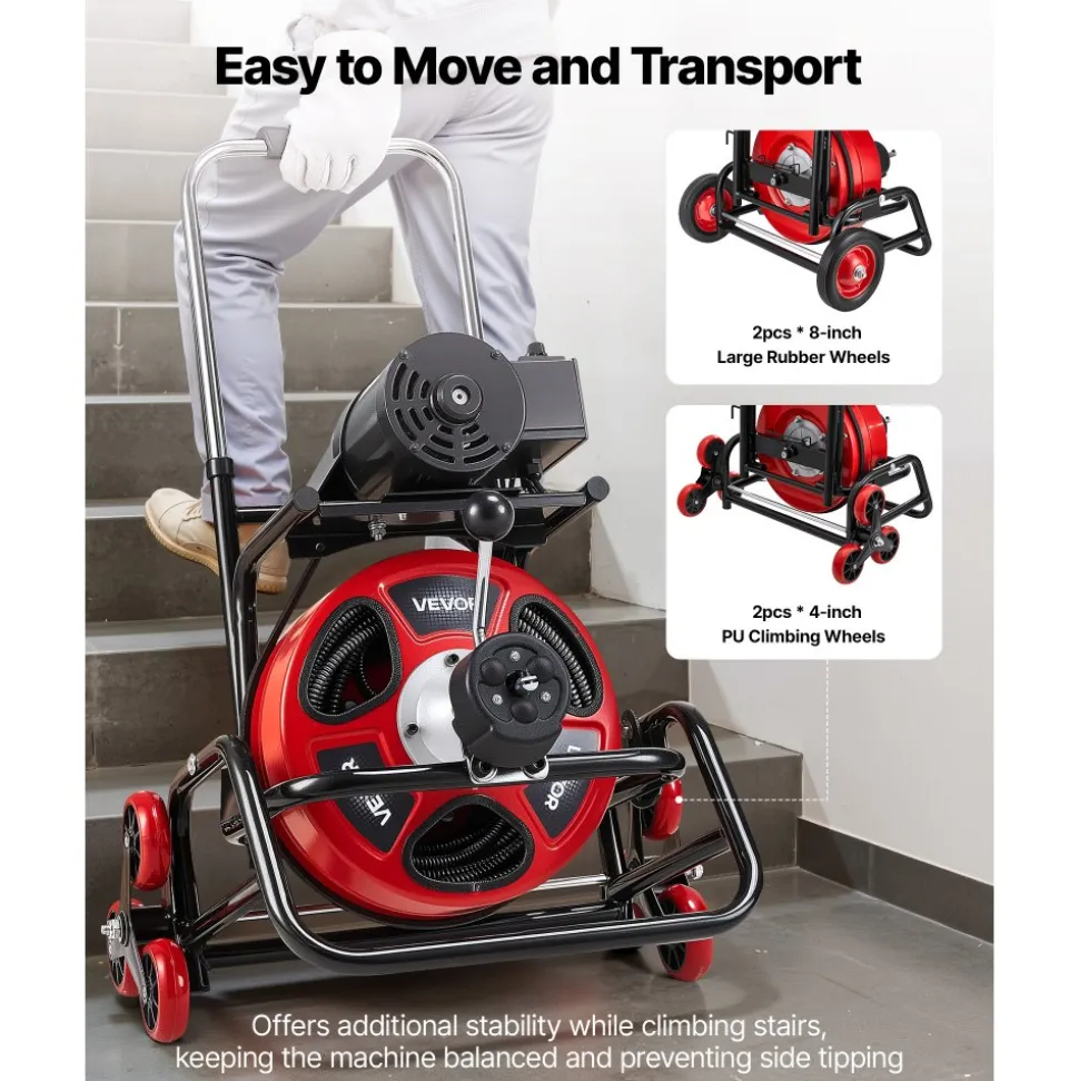 VEVOR Drain Cleaner Machine 50 FT x 5/16 Inch, Auto Feed Sewer Snake Auger with 4 Cutters & Air-Activated Foot Switch for 2" to 4" Pipes
