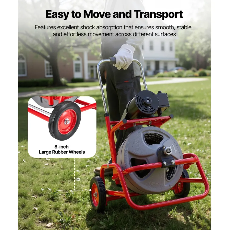 VEVOR Drain Cleaner Machine 75 FT x 3/8 Inch, Sewer Snake Auger on Wheels, Manual Feed Drain Cleaning Machine with Adjustable Drum Angle, 6 Cutters & Air-activated Foot Switch for 2" to 4" Pipes