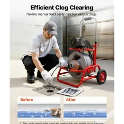 VEVOR Drain Cleaner Machine 75 FT x 3/8 Inch, Sewer Snake Auger on Wheels, Manual Feed Drain Cleaning Machine with Adjustable Drum Angle, 6 Cutters & Air-activated Foot Switch for 2