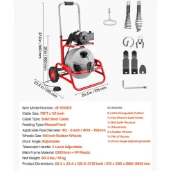 VEVOR Drain Cleaner Machine 75 FT x 3/8 Inch, Sewer Snake Auger on Wheels, Manual Feed Drain Cleaning Machine with Adjustable Drum Angle, 6 Cutters & Air-activated Foot Switch for 2