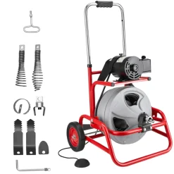 VEVOR Drain Cleaner Machine 75 FT x 3/8 Inch, Sewer Snake Auger on Wheels, Manual Feed Drain Cleaning Machine with Adjustable Drum Angle, 6 Cutters & Air-activated Foot Switch for 2
