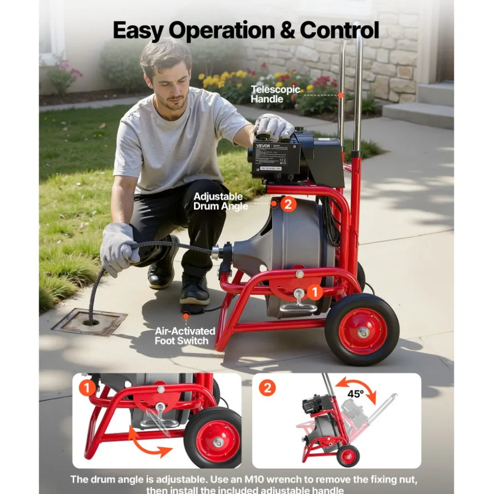 VEVOR Drain Cleaner Machine 75 FT x 3/8 Inch, Sewer Snake Auger on Wheels, Manual Feed Drain Cleaning Machine with Adjustable Drum Angle, 6 Cutters & Air-activated Foot Switch for 2" to 4" Pipes
