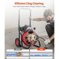 VEVOR Drain Cleaner Machine 100 FT x 1/2 Inch, Auto Feed Sewer Snake Auger on Wheels, Portable Drain Cleaning Machine with 4 Cutters & Air-activated Foot Switch for 2