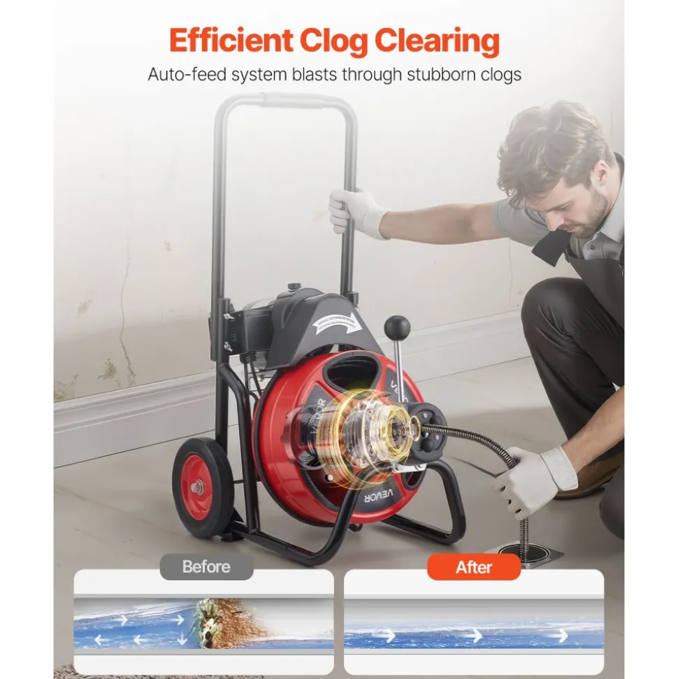 VEVOR Drain Cleaner Machine 100 FT x 1/2 Inch, Auto Feed Sewer Snake Auger on Wheels, Portable Drain Cleaning Machine with 4 Cutters & Air-activated Foot Switch for 2" to 6" Pipes