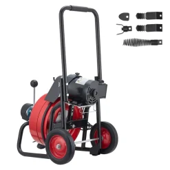 VEVOR Drain Cleaner Machine 100 FT x 1/2 Inch, Auto Feed Sewer Snake Auger on Wheels, Portable Drain Cleaning Machine with 4 Cutters & Air-activated Foot Switch for 2