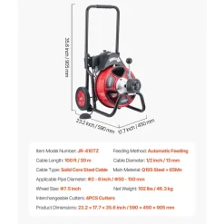 VEVOR Drain Cleaner Machine 100 FT x 1/2 Inch, Auto Feed Sewer Snake Auger on Wheels, Portable Drain Cleaning Machine with 4 Cutters & Air-activated Foot Switch for 2