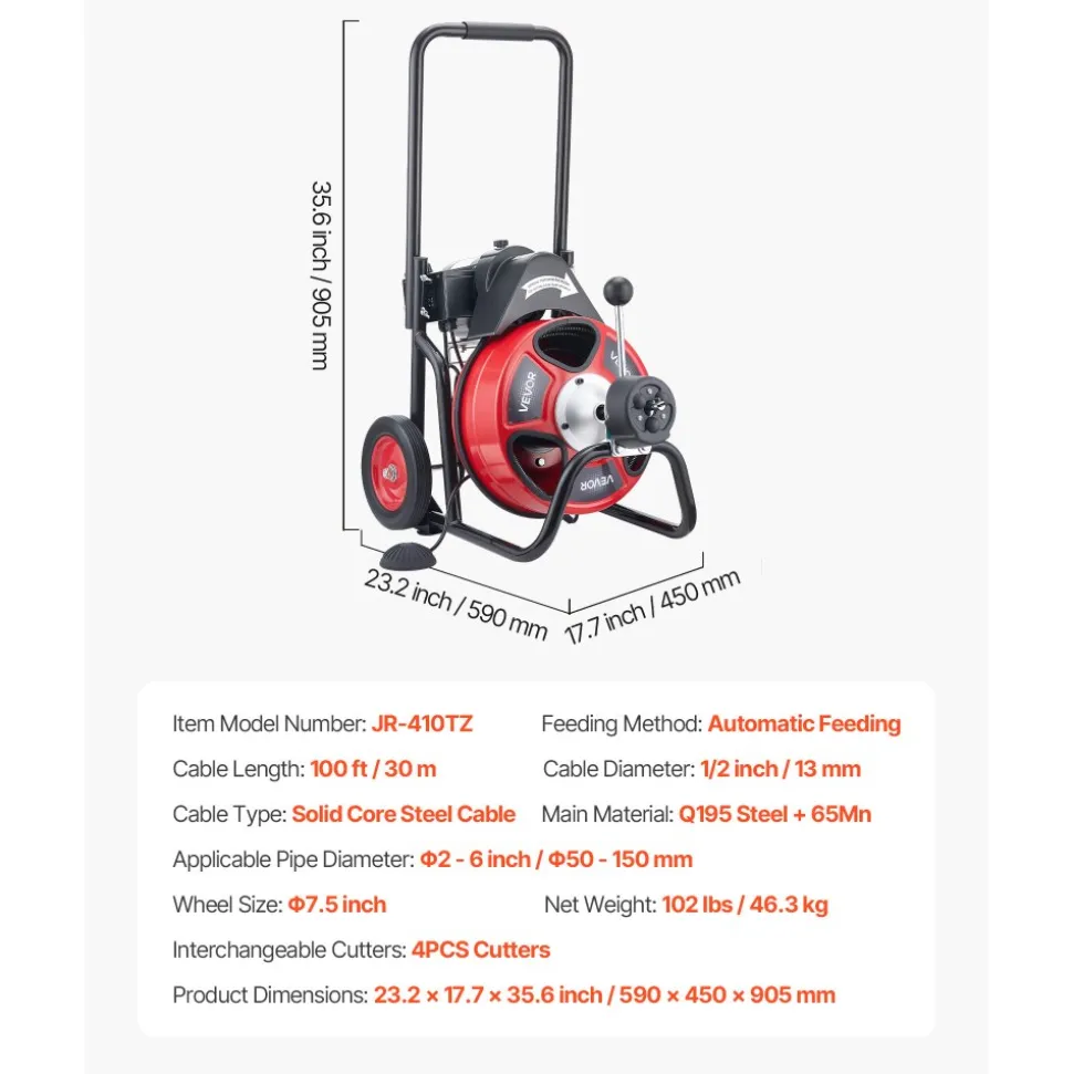 VEVOR Drain Cleaner Machine 100 FT x 1/2 Inch, Auto Feed Sewer Snake Auger on Wheels, Portable Drain Cleaning Machine with 4 Cutters & Air-activated Foot Switch for 2" to 6" Pipes